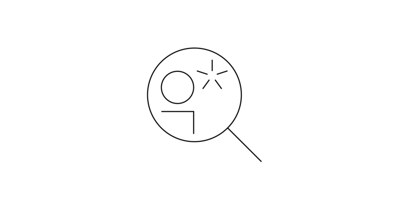 Das Bild zeigt in einer sehr abstrakten, auf wenige Striche und Kreise reduzierten Weise ein Vergrößerungsglas, durch das eine Figur zu sehen ist. Rechts neben der Figur befindet sich ein stilisierter Stern.