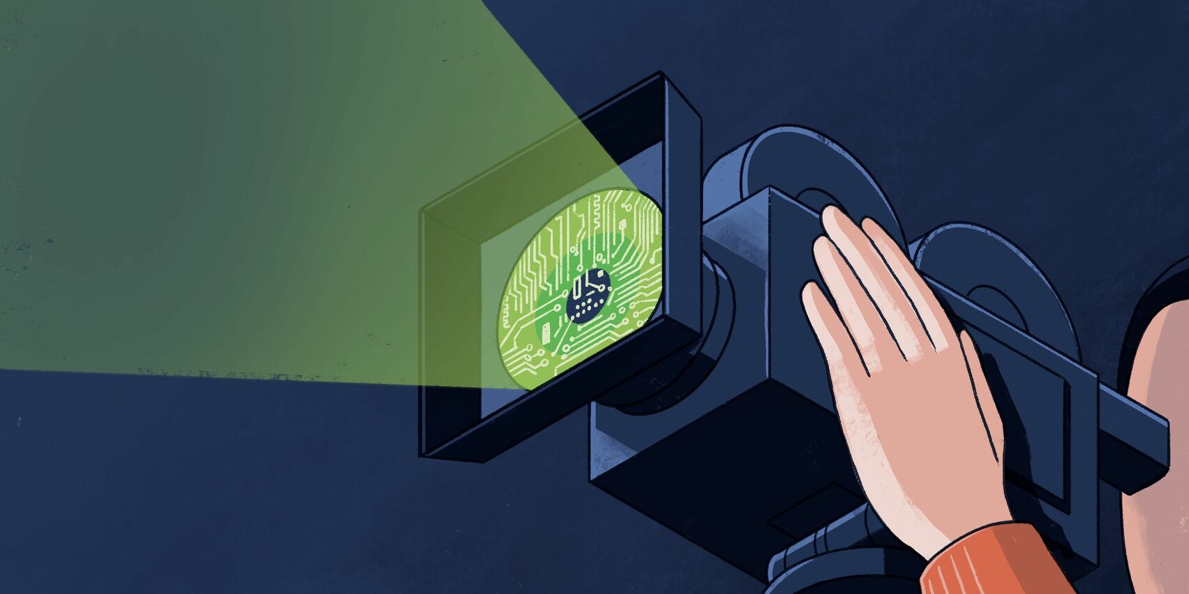 Die Illustration zeigt eine dunkelblaue Filmkamera, die von einer hellen menschlichen Hand gehalten wird. Ein orangefarbener Ärmel wird angedeutet. Der Hintergrund des Bildes ist in einem sehr dunklem Blau gehalten. Ein hellgrüner Scheinwerfer geht von der Linse der Kamera aus und durchbricht die Dunkelheit. Die Kamera hat eine helle, grüne Linse mit einem dunklen Punkt in der Mitte und sieht aus wie ein Auge. Hellgrüne Striche und Punkte auf der Linse erinnern an die Steuerplatine eines PCs. 
