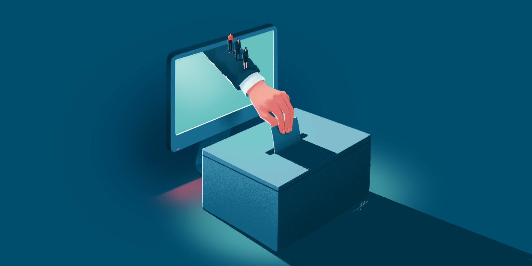 Die Illustration zeigt eine blaue Wahlurne vor blauem Hintergrund. Hinter ihr steht ein blauer PC-Bildschirm. Aus dem eingeschalteten Bildschirm reckt sich von oben nach unten ein Arm heraus, der einen Wahlzettel in den Schlitz der Urne wirft. Der Arm trägt einen dunkelblauen Anzug, am Handgelenk zeigt sich die Manschette eines weißen Hemdes und eine gepflegt manikürte Hand. Über den Arm laufen in einer gerade Linie hintereinander drei winzig-kleine Figuren. Die hinterste Figur trägt ein rotes Oberteil, eine dunkelblaue Hose und rote Schuhe. Die mittlere ist gekleidet mit einem dunkelblauen Anzug mit weißem Hemd und einer angedeuteten roten Krawatte, die vorderste mit einem zweiteiligen dunkelblauen Damenkostüm mit Rock, Jacket und weißer Bluse. Der Bildschirm erstrahlt in einem hellen Blau und erhellt mit seinem Licht auch die Wahlurne.